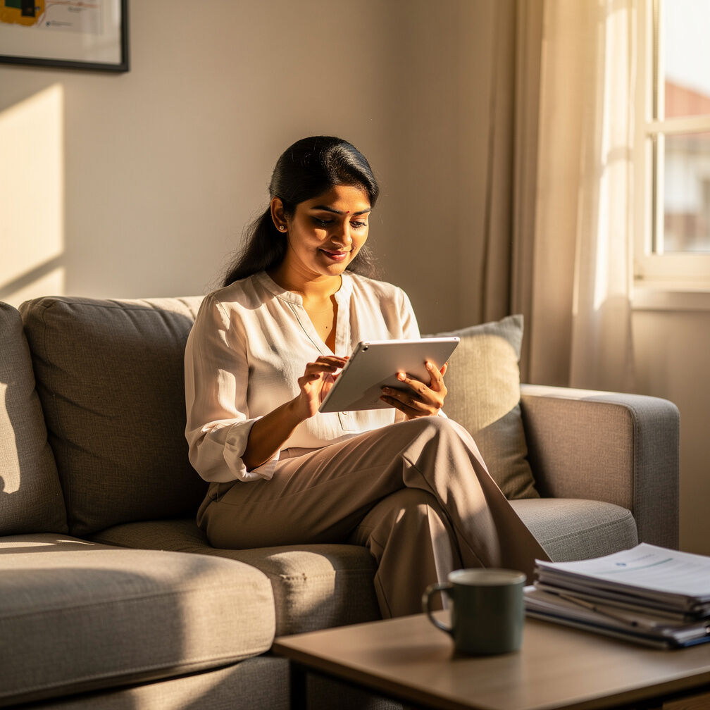 Singaporean woman reviewing her health insurance plan on a tablet at home