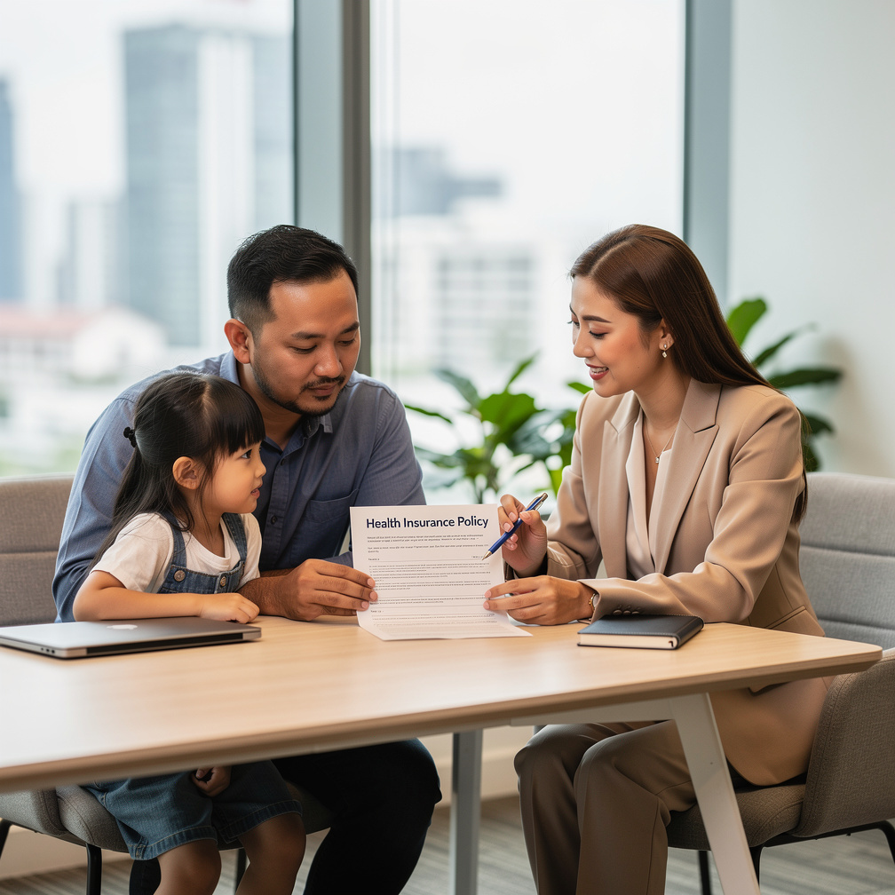 Insurance advisor consulting with a Singaporean family in a bright office